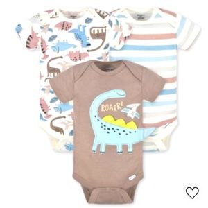 NWT Gerber 3 Pack Dinosaur Onesies | White & Brown Baby Short Sleeve Onesies
